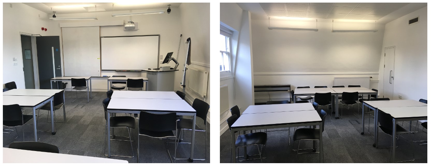 Chairs and tables in small groups around the room. The room has whiteboards fixed to the walls.